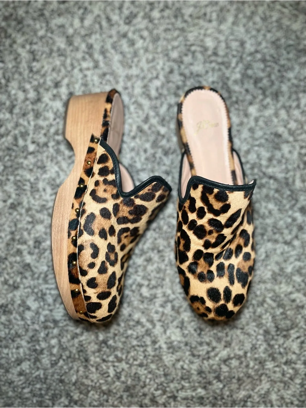 J Crew Leopard Print Calf Hair Wood Clog Leather Slip On Studded Mules Sz 8.5